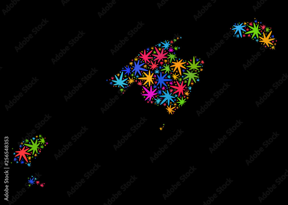 Bright vector cannabis Balearic Islands map mosaic on a black background. Concept with bright weed leaves for marijuana legalize campaign.