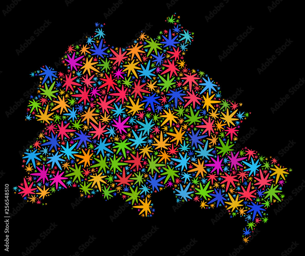 Bright vector marijuana Berlin City map mosaic on a black background. Template with bright weed leaves for marijuana legalize campaign. Vector Berlin City map is organized with weed leaves.