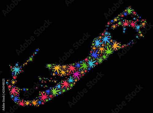 Bright vector cannabis Bermuda Islands map collage on a black background. Template with bright weed leaves for hemp legalize campaign. Vector Bermuda Islands map is created from cannabis leaves.