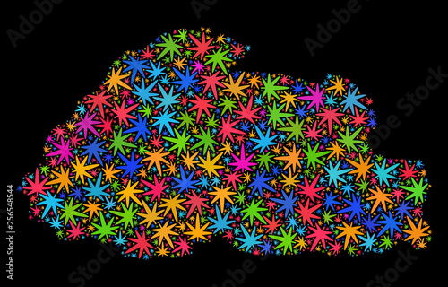 Bright vector marijuana Bhutan map collage on a black background. Concept with colorful weed leaves for marijuana legalize campaign. Vector Bhutan map is composed with weed leaves.