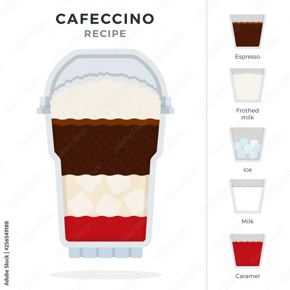 Cafeccino coffee recipe in disposable plastic cup with dome lid vector flat isolated