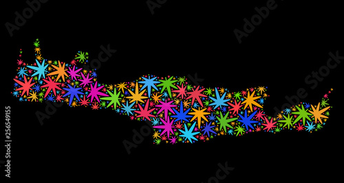 Bright vector cannabis Crete map collage on a black background. Template with bright herbal leaves for cannabis legalize campaign. Vector Crete map is constructed of cannabis leaves.