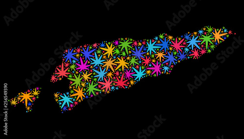 Bright vector cannabis East Timor map collage on a black background. Template with colorful weed leaves for weed legalize campaign. Vector East Timor map is formed with ganja leaves.