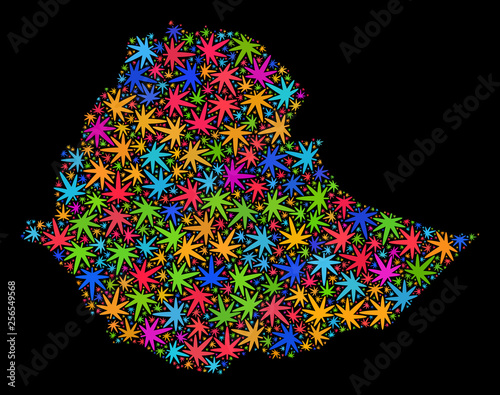 Bright vector cannabis Ethiopia map mosaic on a black background. Template with bright weed leaves for weed legalize campaign. Vector Ethiopia map is formed of marijuana leaves.