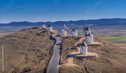 Consuegra castle and windmills aerial view with blue sky in La Mancha Spain famous Don Quixote site