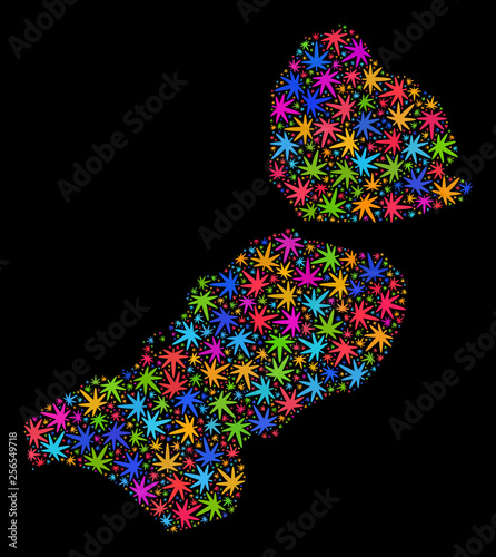 Bright vector cannabis Flevoland Province map mosaic on a black background. Concept with colorful weed leaves for weed legalize campaign. Vector Flevoland Province map is formed with herbal leaves.