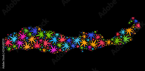 Bright vector marijuana Flores Island of Indonesia map mosaic on a black background. Concept with colored weed leaves for weed legalize campaign.