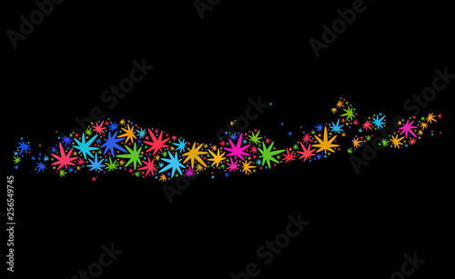 Bright vector cannabis Flores Islands of Indonesia map collage on a black background. Template with colorful weed leaves for weed legalize campaign.