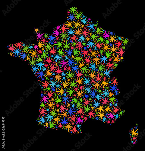 Bright vector marijuana France map collage on a black background. Template with bright weed leaves for cannabis legalize campaign. Vector France map is created with cannabis leaves.