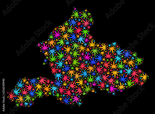 Bright vector cannabis Gelderland Province map mosaic on a black background. Concept with bright weed leaves for marijuana legalize campaign.