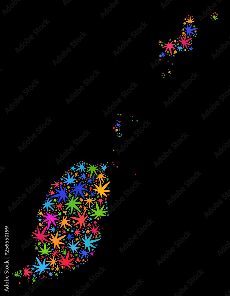 Bright vector marijuana Grenada map mosaic on a black background. Template with colored weed leaves for marijuana legalize campaign. Vector Grenada map is created with marijuana leaves.