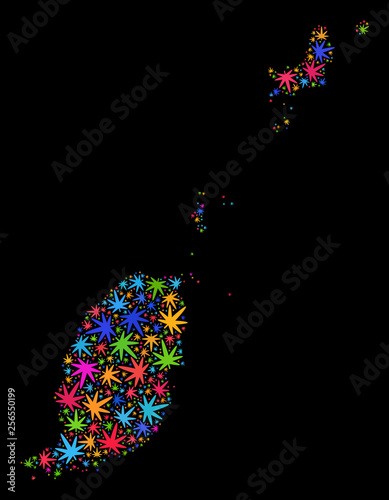 Bright vector marijuana Grenada map mosaic on a black background. Template with colored weed leaves for marijuana legalize campaign. Vector Grenada map is created with marijuana leaves.