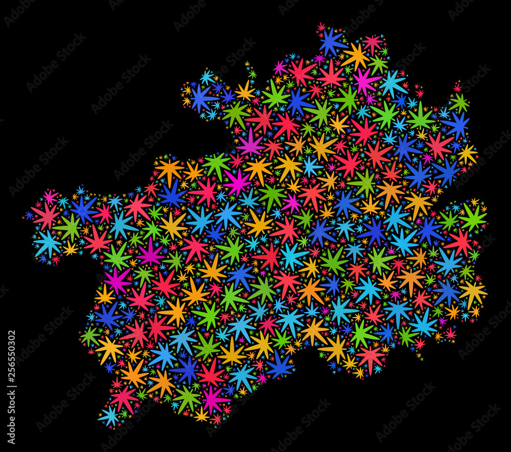 Bright vector marijuana Guizhou Province map collage on a black background. Template with colorful herbal leaves for hemp legalize campaign. Vector Guizhou Province map is designed with herbal leaves.