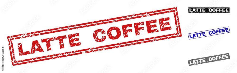 Grunge LATTE COFFEE rectangle stamp seals isolated on a white background. Rectangular seals with grunge texture in red, blue, black and gray colors. Grunge LATTE COFFEE rectangle stamp seals isolated on a white background. Rectangular seals with grunge texture in red, blue, black and gray colors.