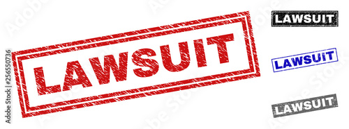 Grunge LAWSUIT rectangle stamp seals isolated on a white background. Rectangular seals with grunge texture in red, blue, black and gray colors.