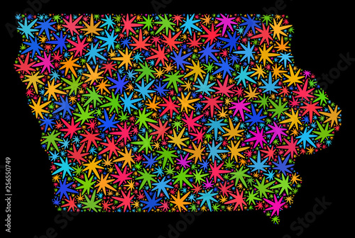 Bright vector marijuana Iowa State map mosaic on a black background. Concept with colorful herbal leaves for hemp legalize campaign. Vector Iowa State map is designed with herbal leaves.