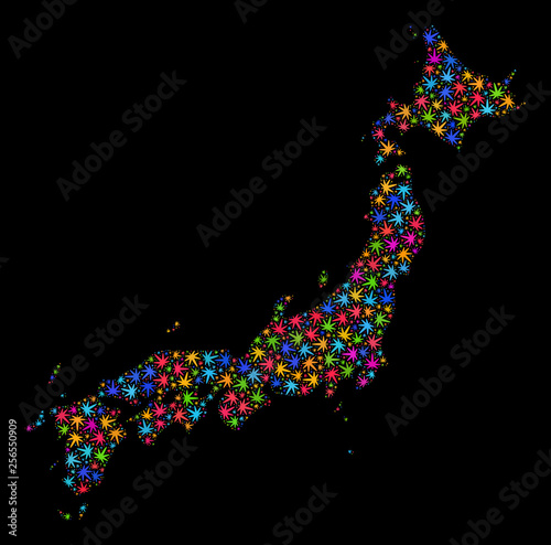 Bright vector marijuana Japan map mosaic on a black background. Concept with bright herbal leaves for cannabis legalize campaign. Vector Japan map is formed from cannabis leaves.