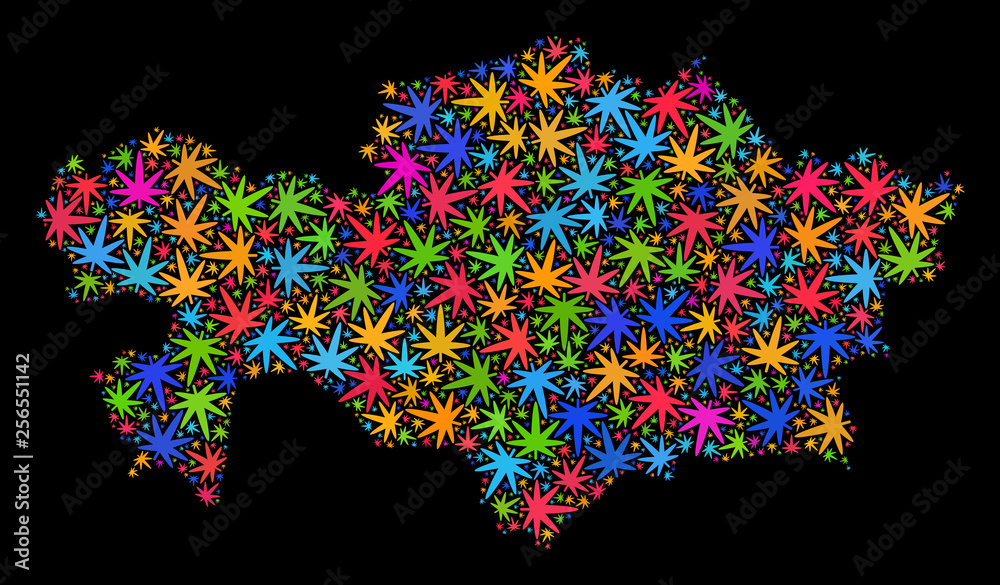 Bright vector marijuana Kazakhstan map mosaic on a black background. Concept with colorful herbal leaves for cannabis legalize campaign. Vector Kazakhstan map is designed with herbal leaves.