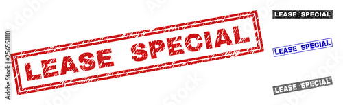 Grunge LEASE SPECIAL rectangle stamp seals isolated on a white background. Rectangular seals with grunge texture in red, blue, black and grey colors.