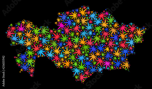 Bright vector marijuana Kazakhstan map mosaic on a black background. Concept with colorful herbal leaves for cannabis legalize campaign. Vector Kazakhstan map is designed with herbal leaves.