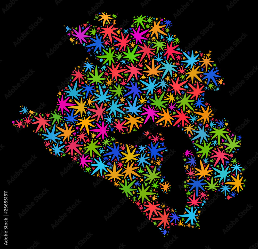 Bright vector marijuana Krasnodarskiy Kray map collage on a black background. Template with bright herbal leaves for marijuana legalize campaign.