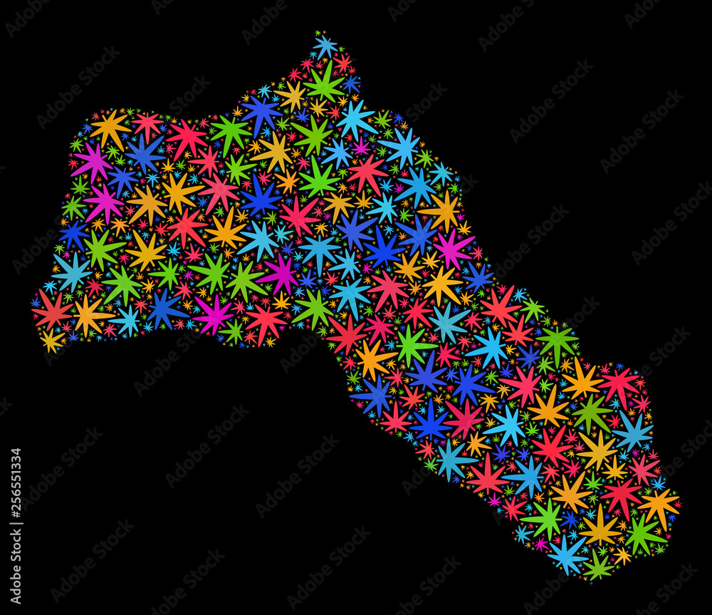 Bright vector cannabis Kurdistan map collage on a black background. Concept with colorful weed leaves for weed legalize campaign. Vector Kurdistan map is formed from weed leaves.
