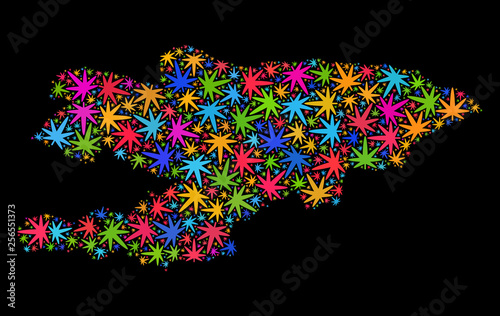 Bright vector cannabis Kyrgyzstan map mosaic on a black background. Template with bright weed leaves for weed legalize campaign. Vector Kyrgyzstan map is constructed of weed leaves.