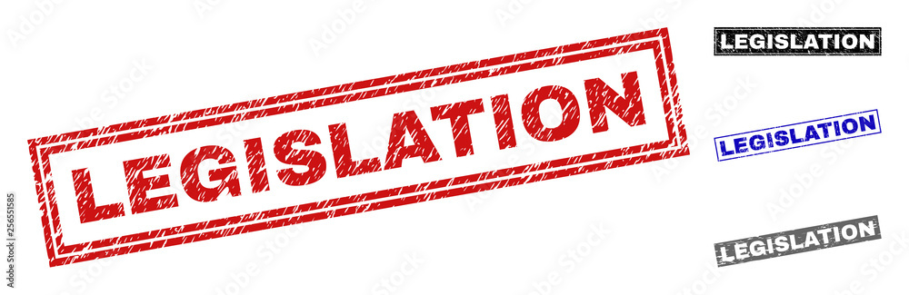 Grunge LEGISLATION rectangle stamp seals isolated on a white background. Rectangular seals with grunge texture in red, blue, black and grey colors. Grunge LEGISLATION rectangle stamp seals isolated on a white background. Rectangular seals with grunge texture in red, blue, black and grey colors.