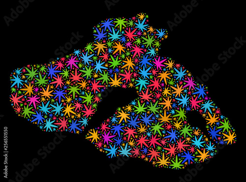 Bright vector marijuana Lesbos Island map collage on a black background. Concept with colorful weed leaves for marijuana legalize campaign. Vector Lesbos Island map is designed of weed leaves.