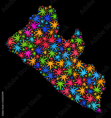 Bright vector marijuana Liberia map mosaic on a black background. Template with bright weed leaves for marijuana legalize campaign. Vector Liberia map is created with ganja leaves.