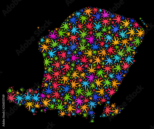 Bright vector marijuana Lombok Island map collage on a black background. Concept with bright herbal leaves for cannabis legalize campaign. Vector Lombok Island map is organized with marijuana leaves.