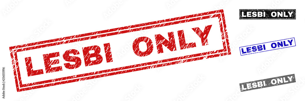 Grunge LESBI ONLY rectangle stamp seals isolated on a white background. Rectangular seals with grunge texture in red, blue, black and grey colors. Grunge LESBI ONLY rectangle stamp seals isolated on a white background. Rectangular seals with grunge texture in red, blue, black and grey colors.