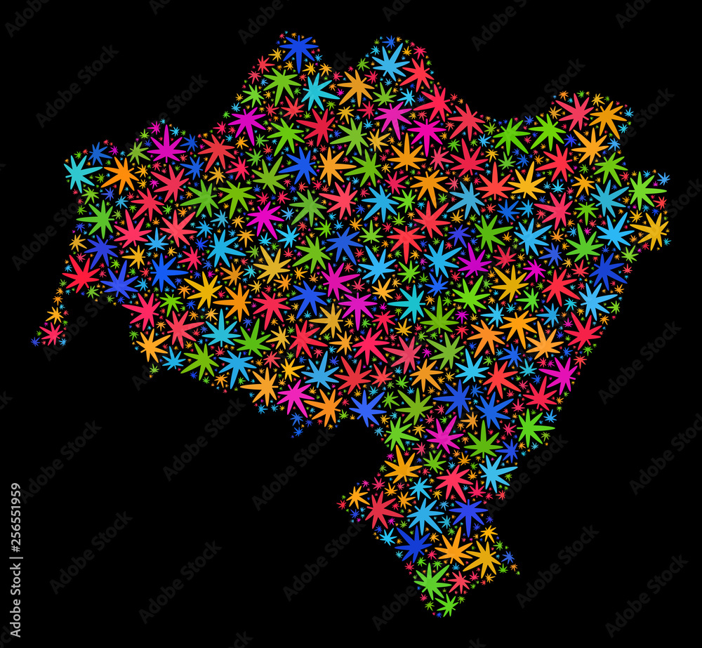 Bright vector marijuana Lower Silesian Voivodeship map collage on a black background. Template with bright weed leaves for marijuana legalize campaign.