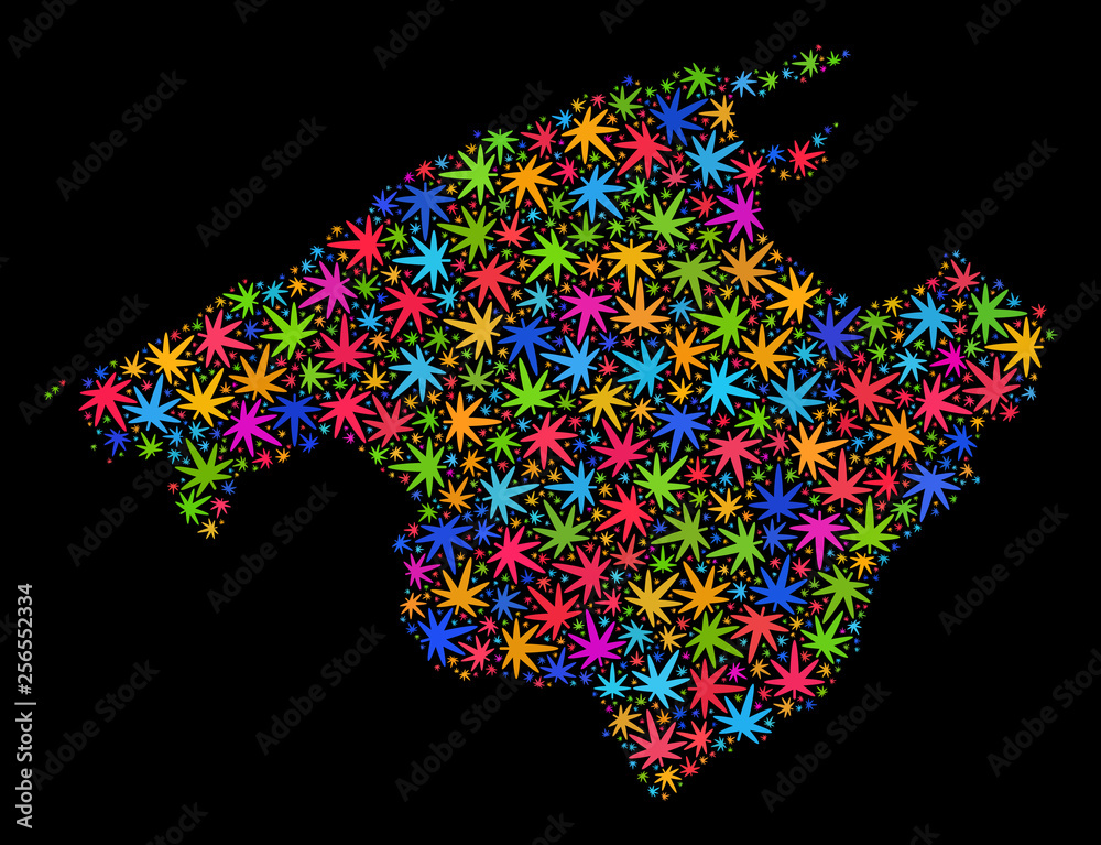 Bright vector marijuana Majorca map collage on a black background. Template with bright weed leaves for weed legalize campaign. Vector Majorca map is formed from marijuana leaves.