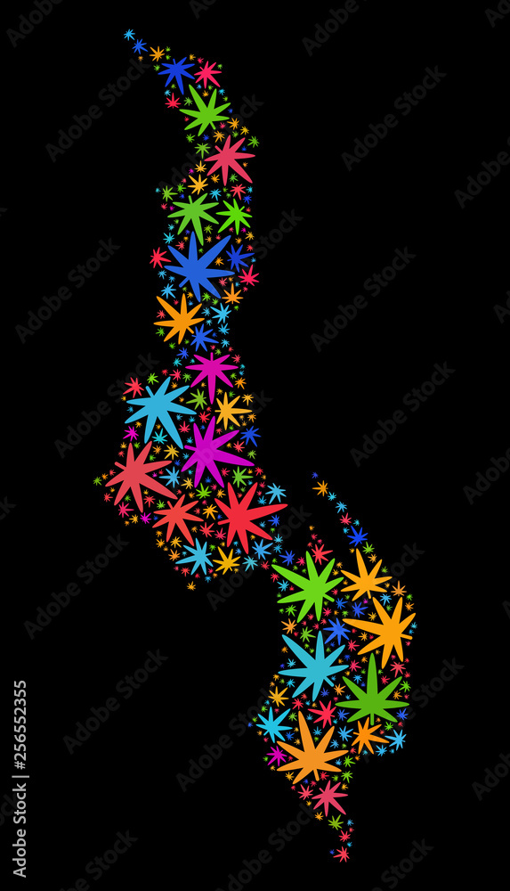 Bright vector cannabis Malawi map collage on a black background. Template with bright weed leaves for cannabis legalize campaign. Vector Malawi map is designed from weed leaves.