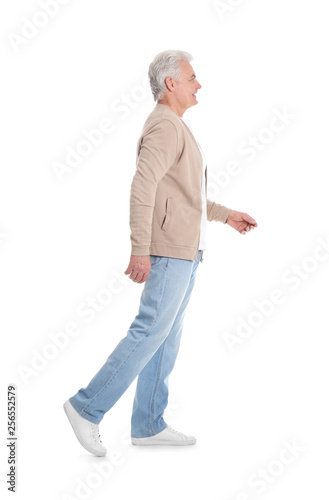 Handsome mature man in stylish clothes on white background