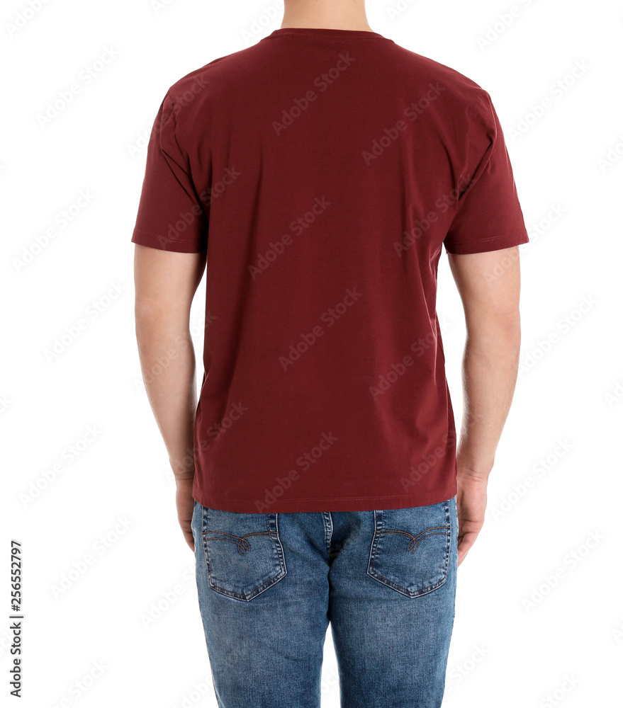 Obraz premium Young man on white background, closeup. Weight loss
