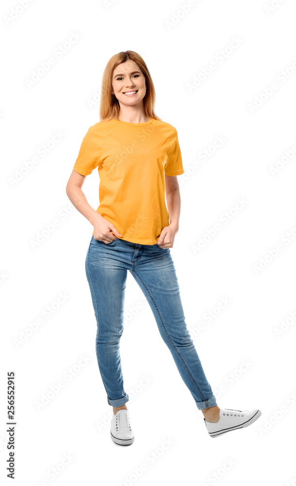 Full length portrait of beautiful woman posing on white background Full length portrait of beautiful woman posing on white background