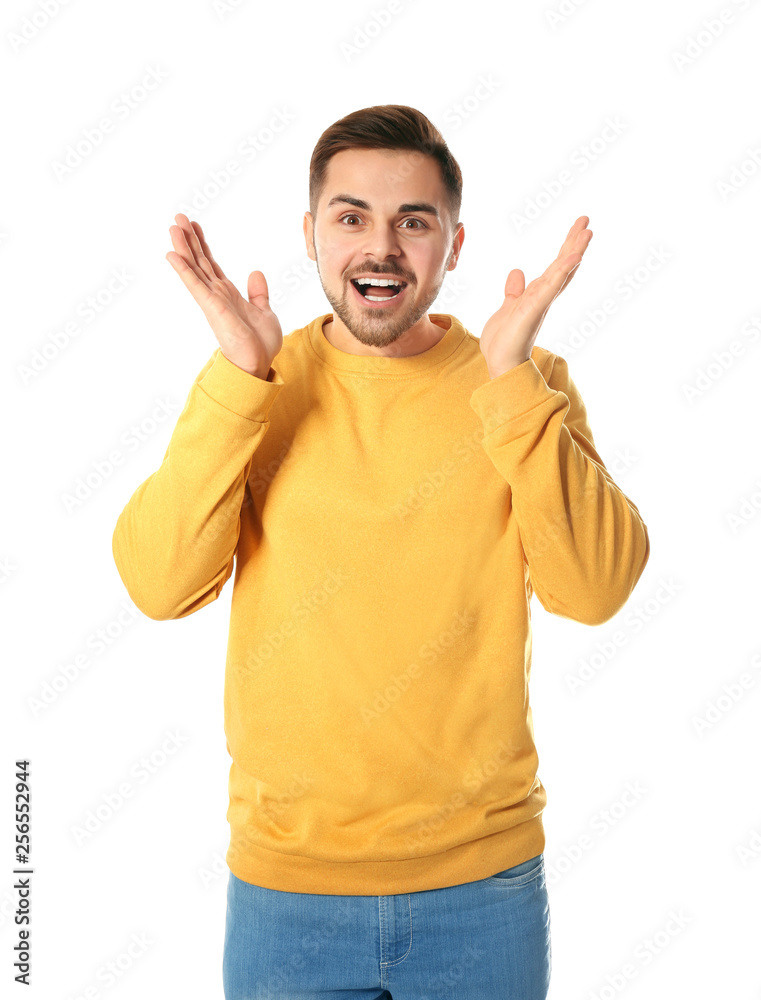 Fototapeta premium Portrait of emotional handsome man on white background