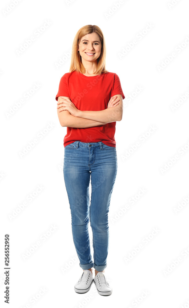 Full length portrait of beautiful woman posing on white background Full length portrait of beautiful woman posing on white background