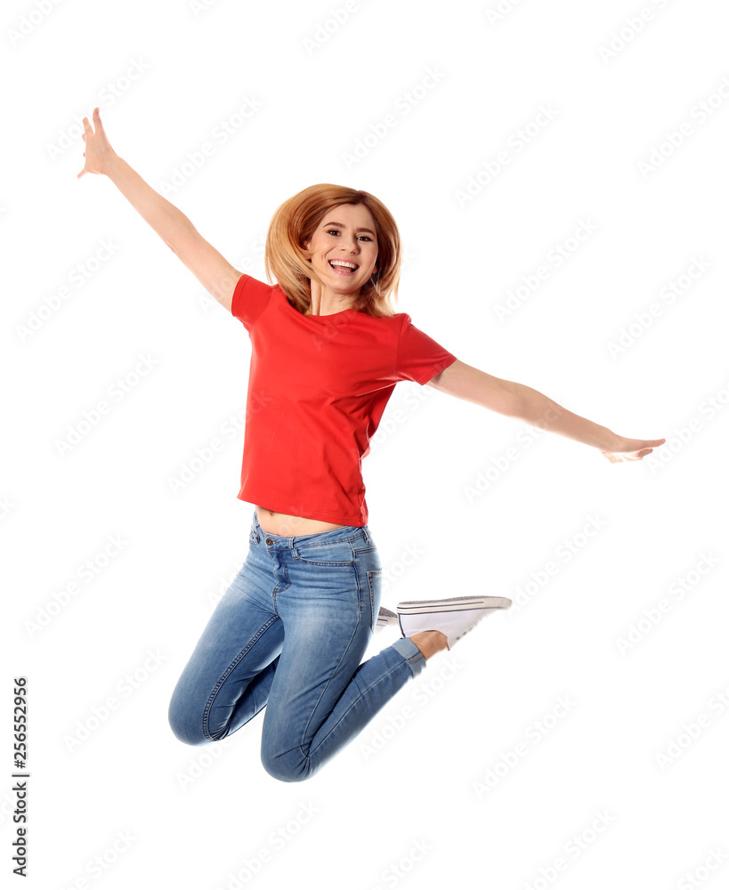 Full length portrait of happy beautiful woman jumping on white background Full length portrait of happy beautiful woman jumping on white background