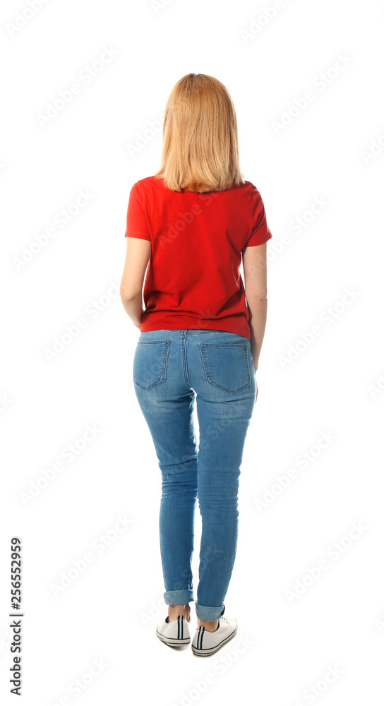 Woman in casual clothes posing on white background Woman in casual clothes posing on white background