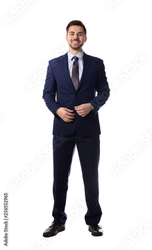 Full length portrait of businessman posing on white background