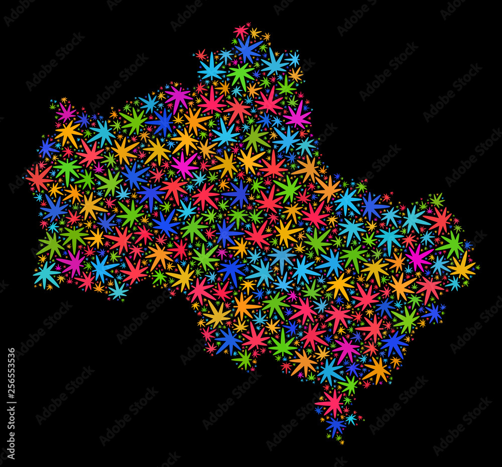 Bright vector cannabis Moscow Region map mosaic on a black background. Template with colored weed leaves for cannabis legalize campaign. Vector Moscow Region map is constructed with cannabis leaves.