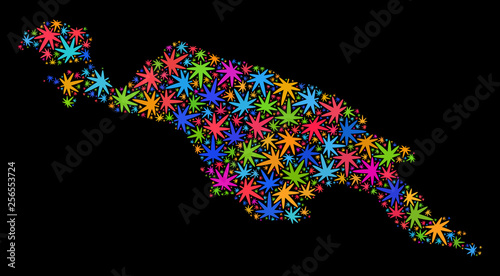 Bright vector marijuana New Guinea map mosaic on a black background. Concept with multi-colored weed leaves for weed legalize campaign. Vector New Guinea map is created with marijuana leaves.