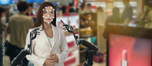smart technology in beauty cosmetic business with robotic for make up a customer by the robot with style of customer by artificial intelligence and machine ,deep learning tech, face recognition