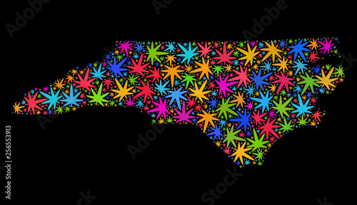 Bright vector cannabis North Carolina State map mosaic on a black background. Concept with psychedelic weed leaves for cannabis legalize campaign.
