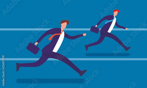 Running businessmen flat vector illustration. Leadership achievement competition business win team vector concept. Jogging people run track race teamwork