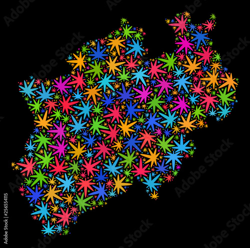 Bright vector cannabis North Rhine-Westphalia Land map collage on a black background. Template with colorful weed leaves for cannabis legalize campaign.