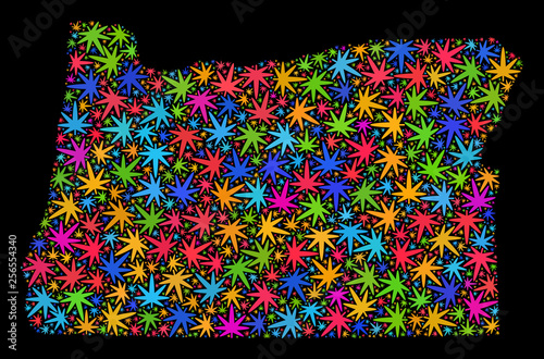 Bright vector cannabis Oregon State map collage on a black background. Template with bright weed leaves for hemp legalize campaign. Vector Oregon State map is formed with weed leaves.